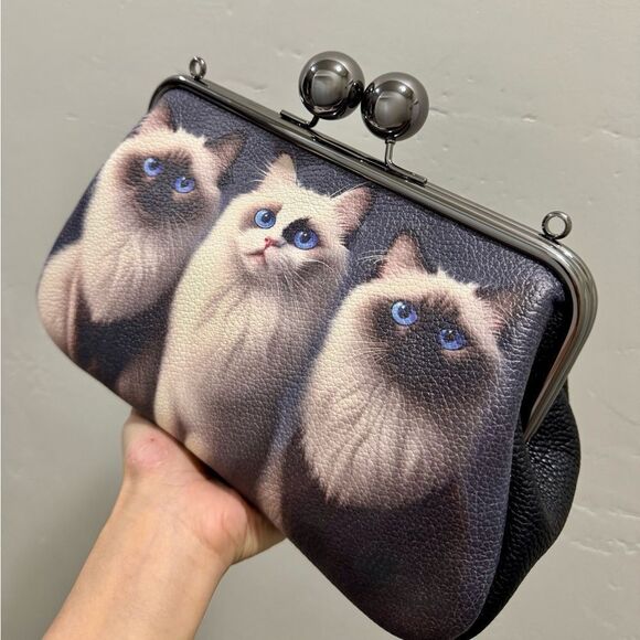 Unique Cats Print Pebble Cowhide Handmade Large Ball Kisslock Handbag, Multi Use - Picture 13 of 16